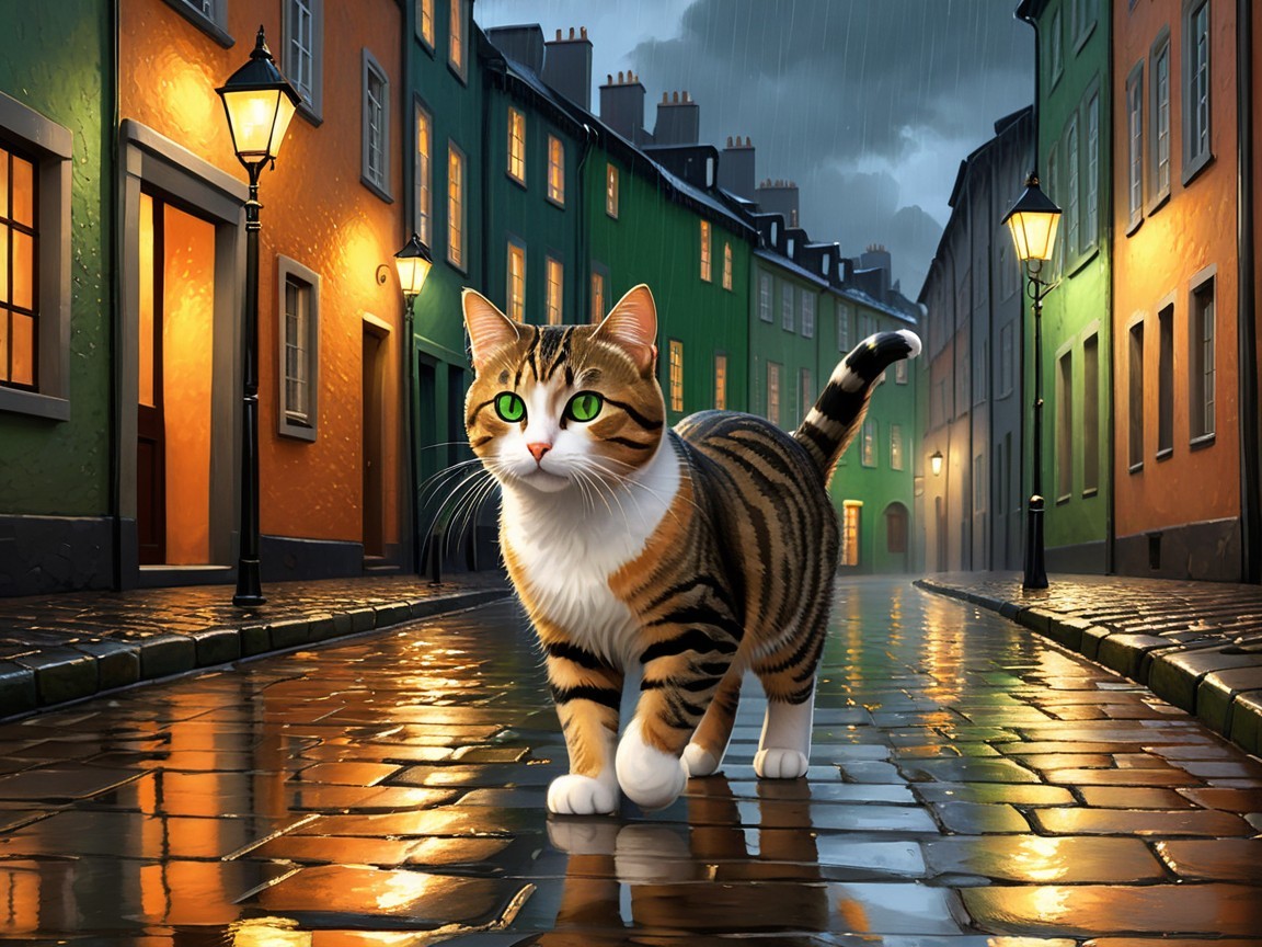 Tabby Cat on Cobblestone Street with Lamplight