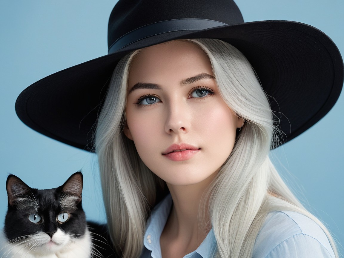 Portrait of a Young Woman with Cat in Soft Blue Setting