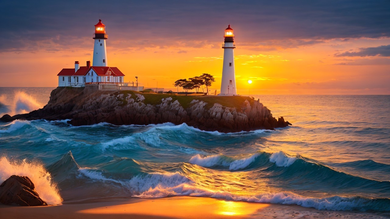 Lighthouse on Rocky Outcrop at Vibrant Sunset