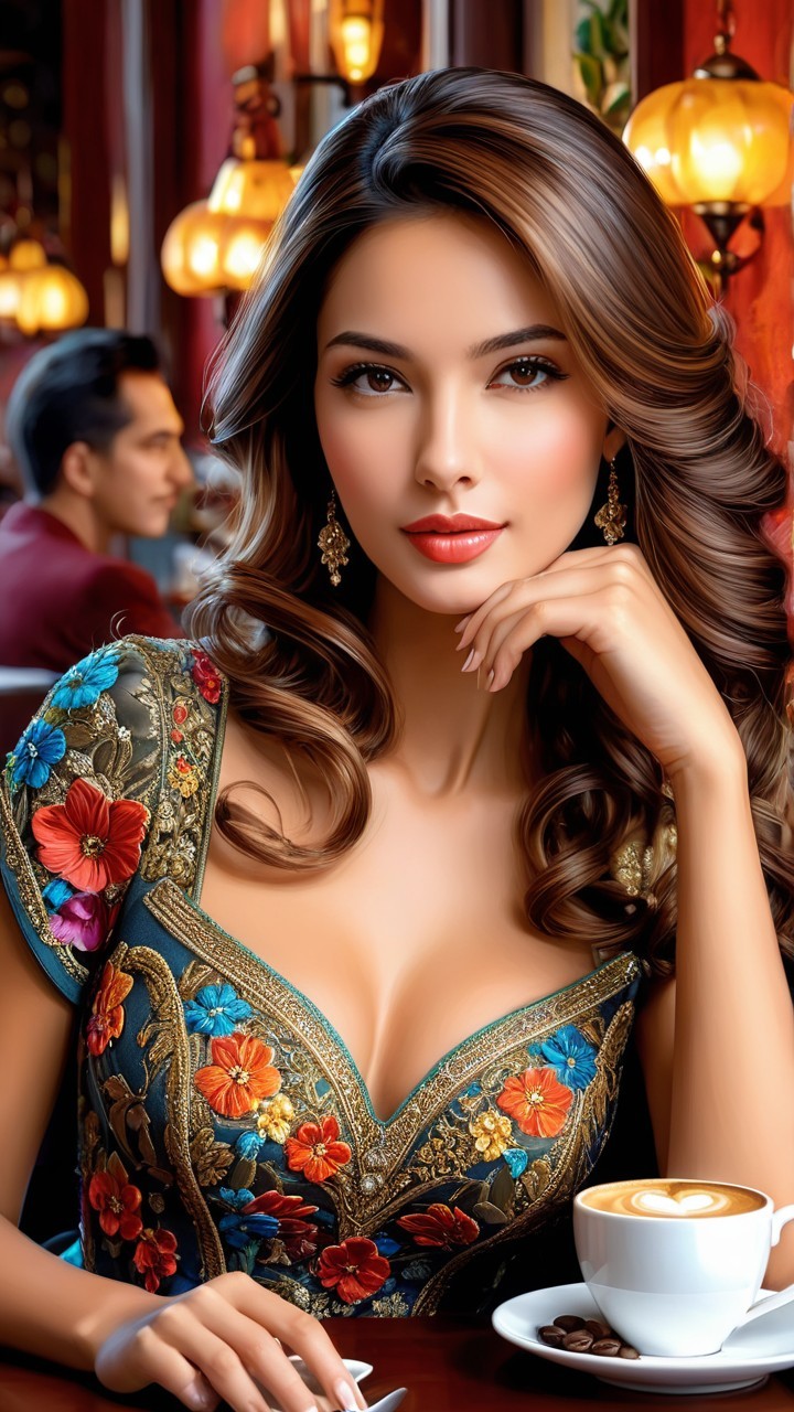 Young woman in embroidered dress at cafe table