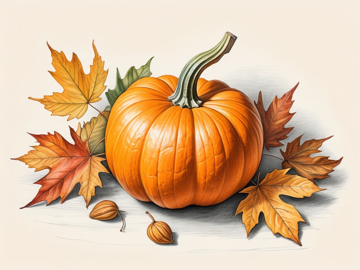 Pumpkin Surrounded by Autumn Leaves and Nuts