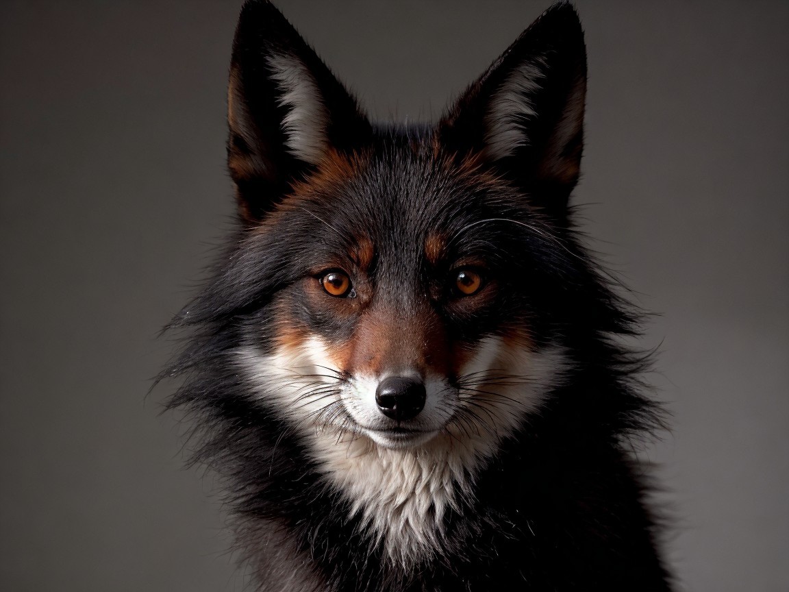 Close-up of a fox with glossy fur and amber eyes