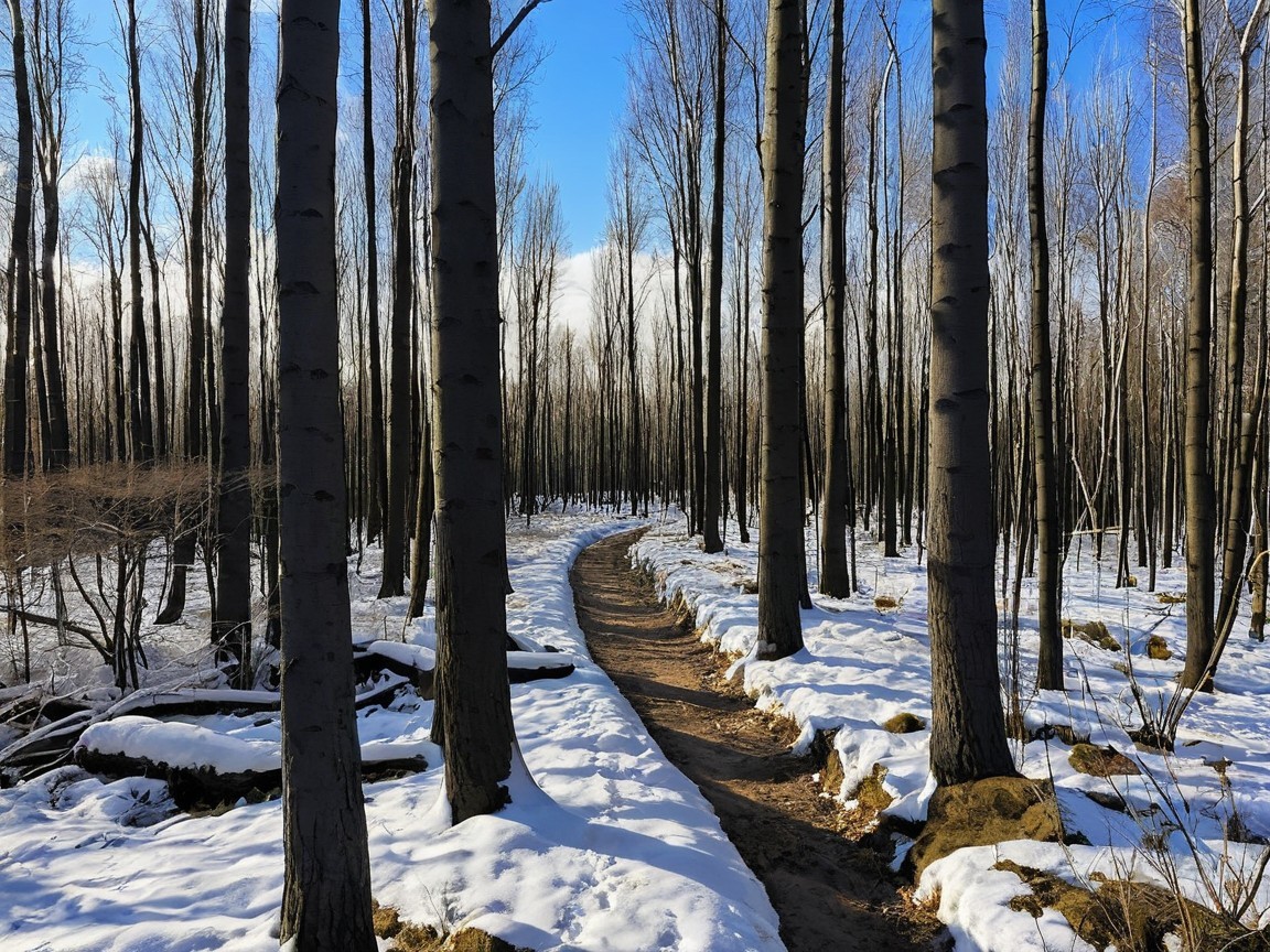 Serene winter pathway in a forest of bare trees