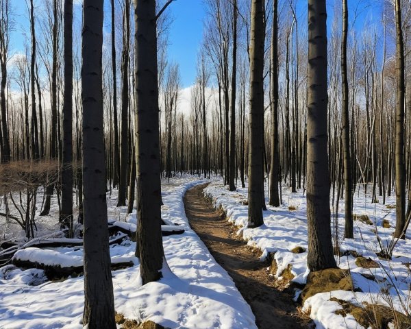 Serene winter pathway in a forest of bare trees