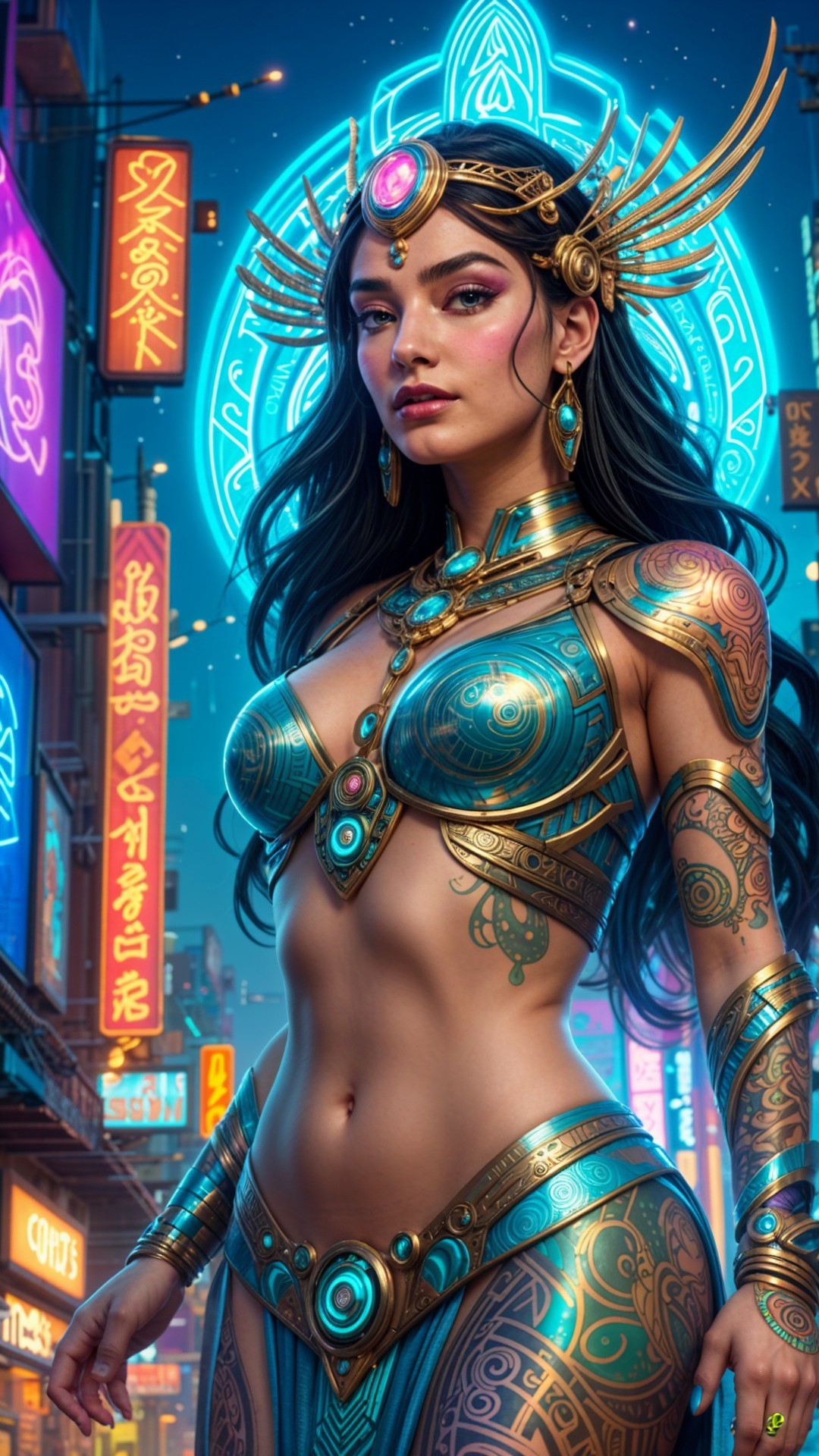 Female figure in neon-lit cityscape with ornate outfit