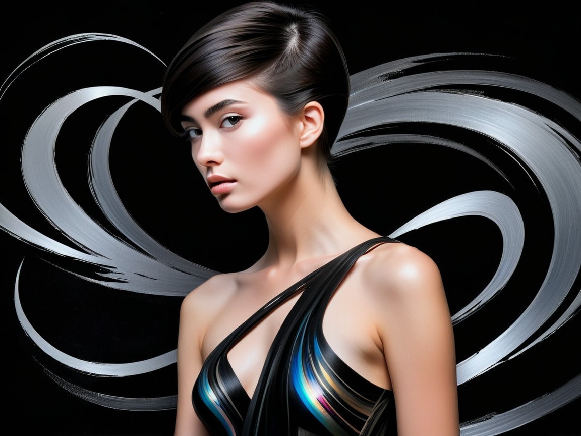 Close-Up of Model in Elegant Black Dress and Modern Hair