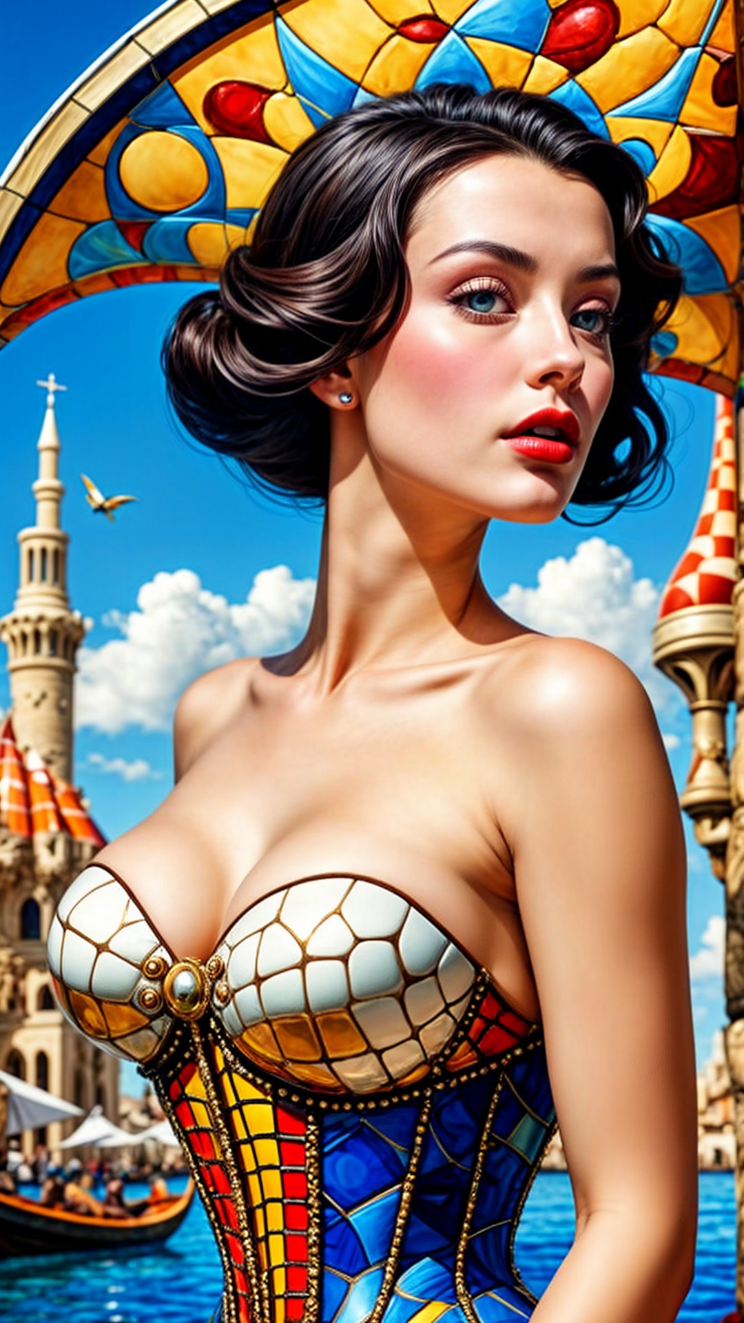 Elegant woman in stained-glass corset with landscape backdrop