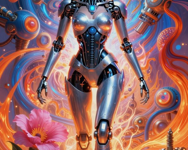 Young woman in robotic body in fantasy factory setting