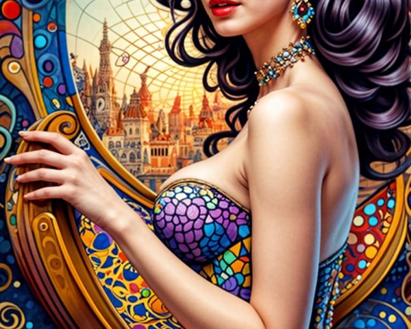 Woman in Mosaic Dress Against Artistic Cityscape