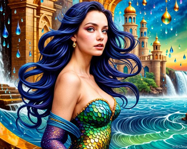Mermaid-inspired figure with blue hair and waterfalls