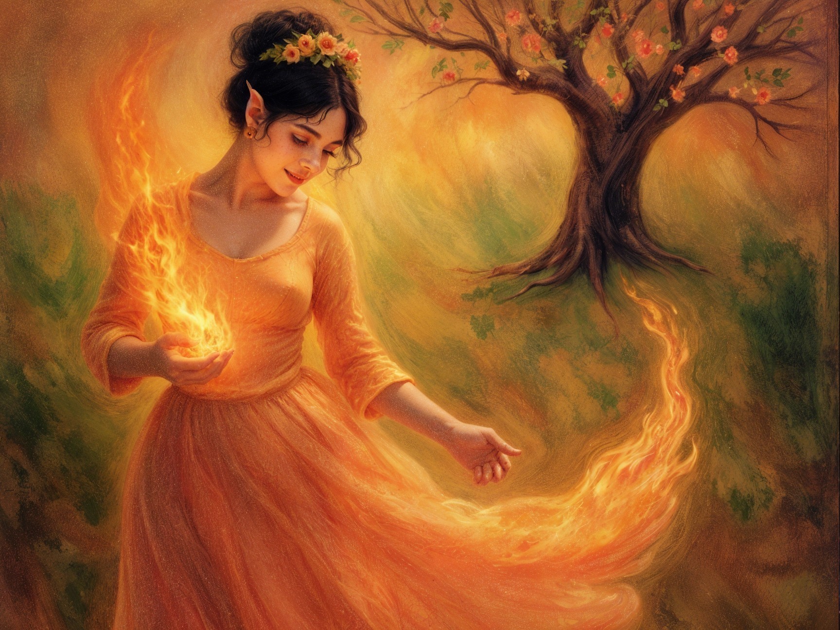 Young woman with pointed ears in autumn landscape