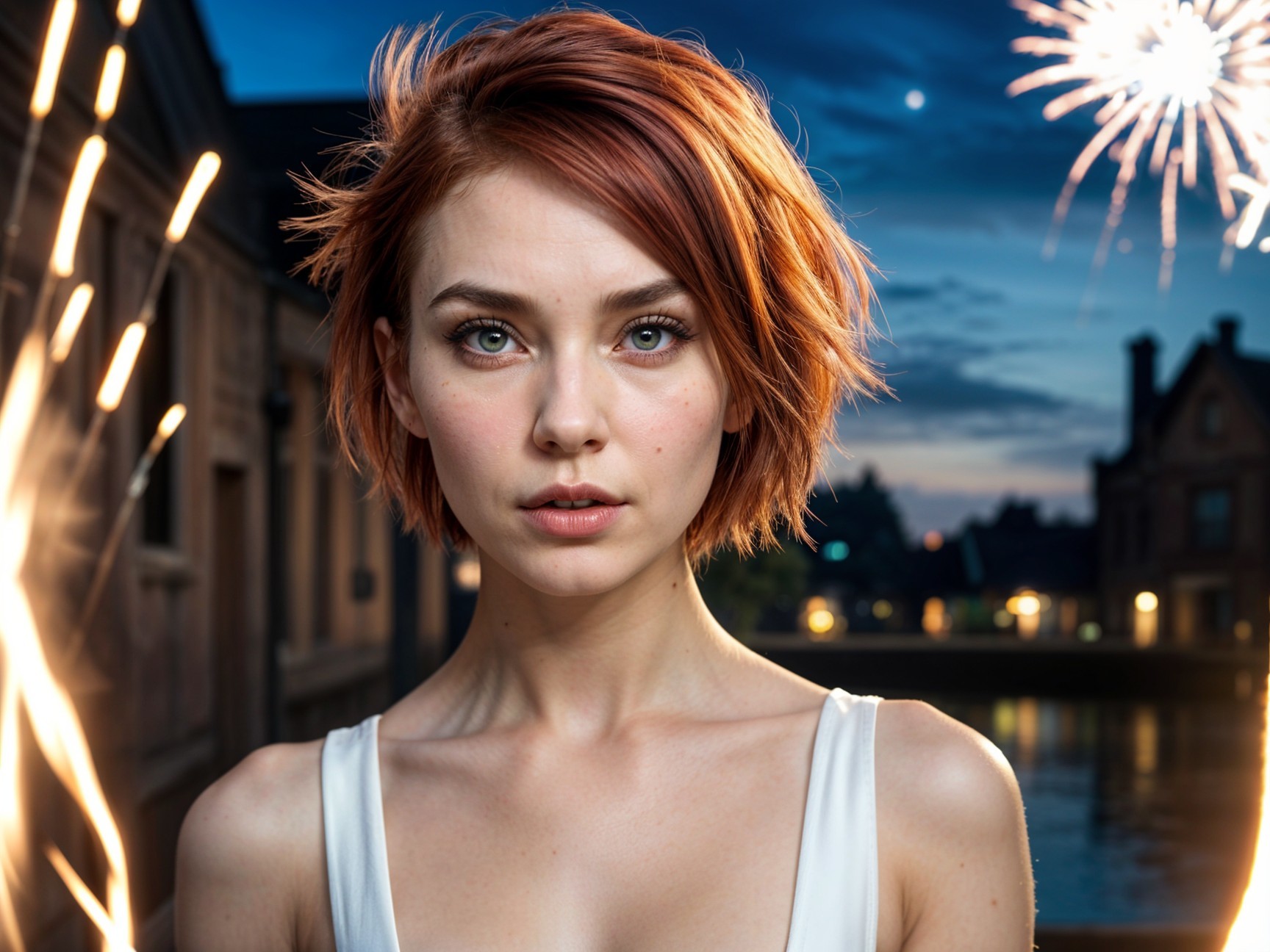 Young Person with Red Hair and Fireworks Background