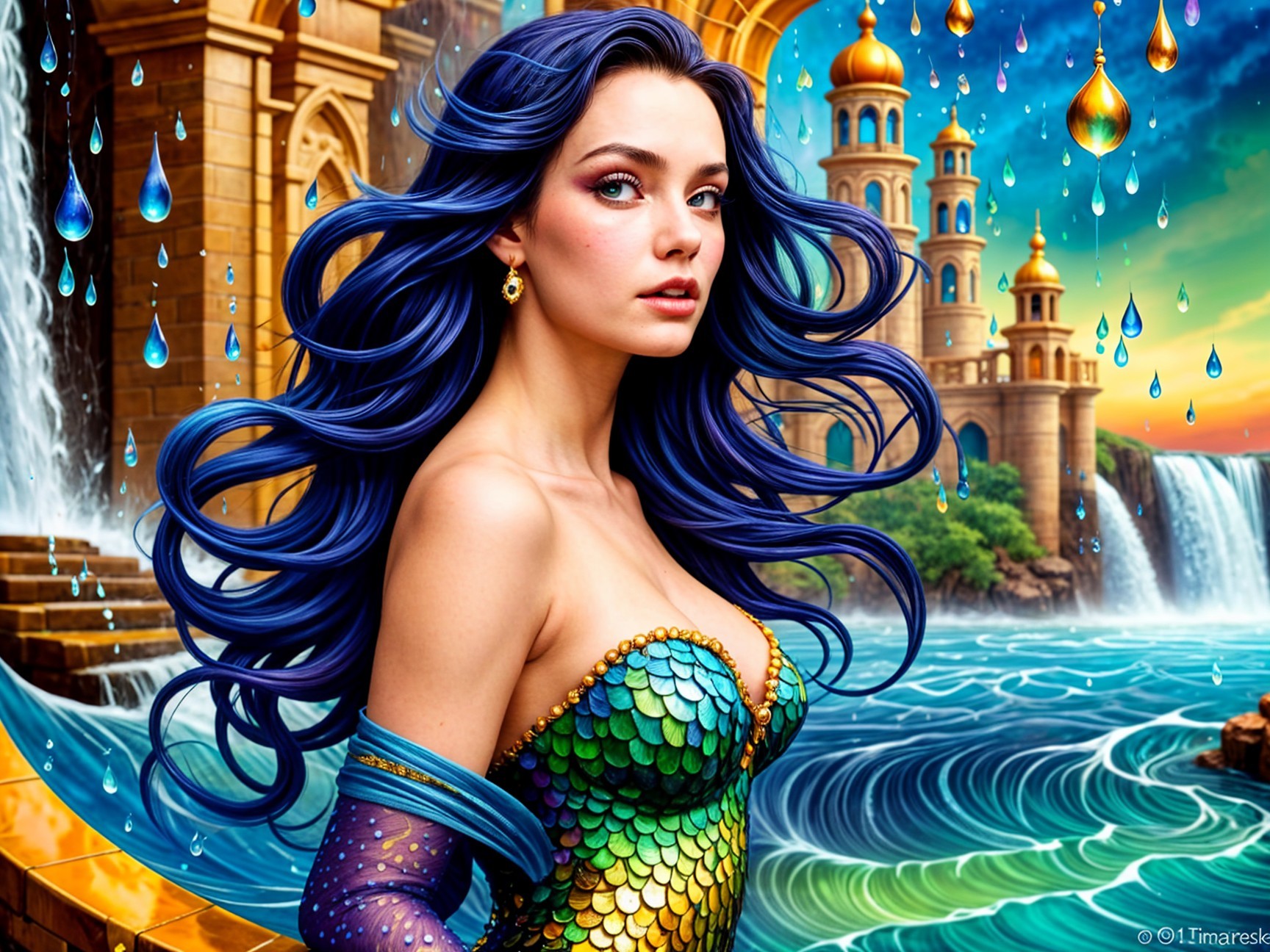 Mermaid-inspired figure with blue hair and waterfalls