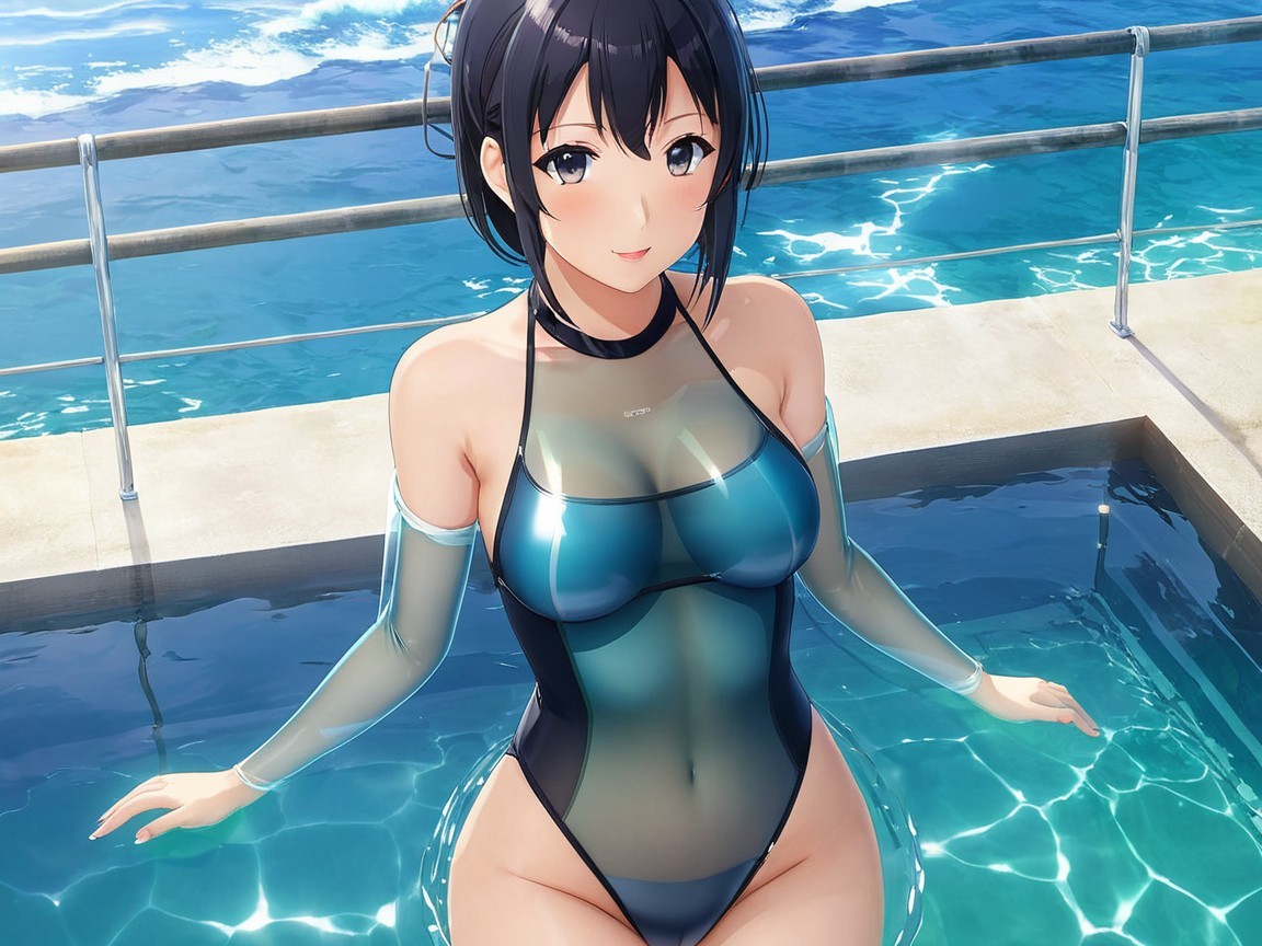 Young Woman in Swimsuit Relaxing by Blue Pool