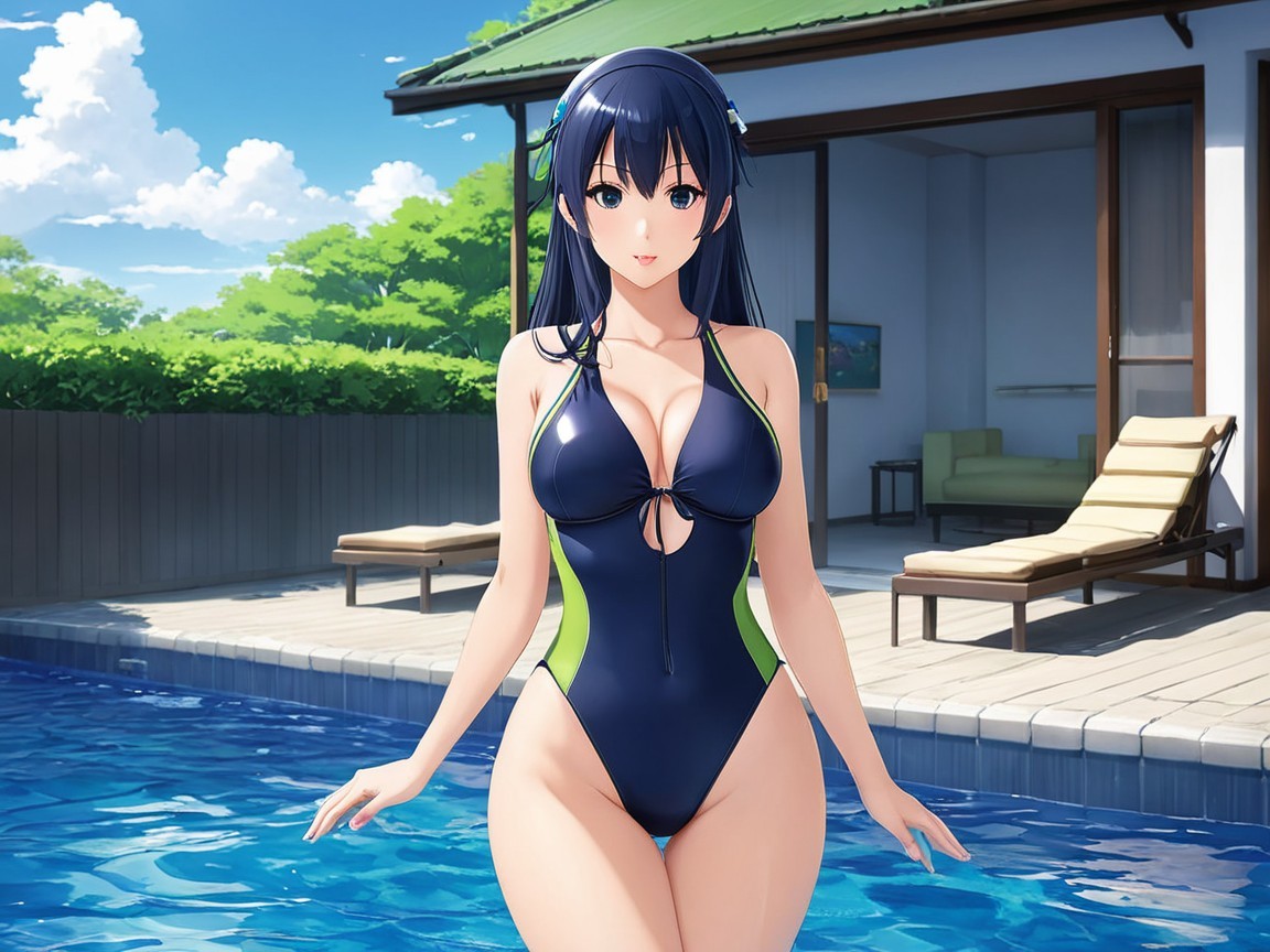 Anime Character by Sparkling Pool in Stylish Swimsuit