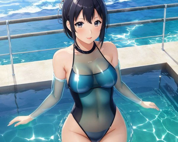 Young Woman in Swimsuit Relaxing by Blue Pool
