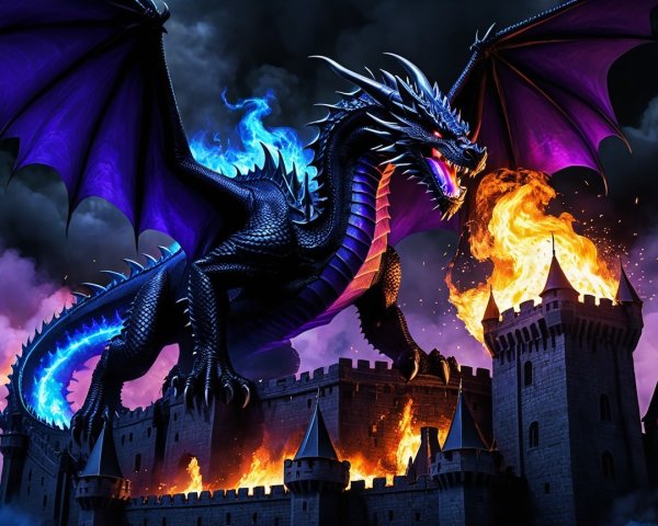 Majestic Black Dragon Over Medieval Castle Scene