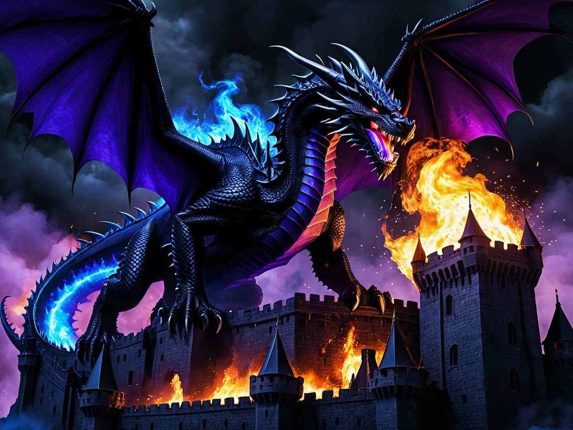 Majestic Black Dragon Over Medieval Castle Scene