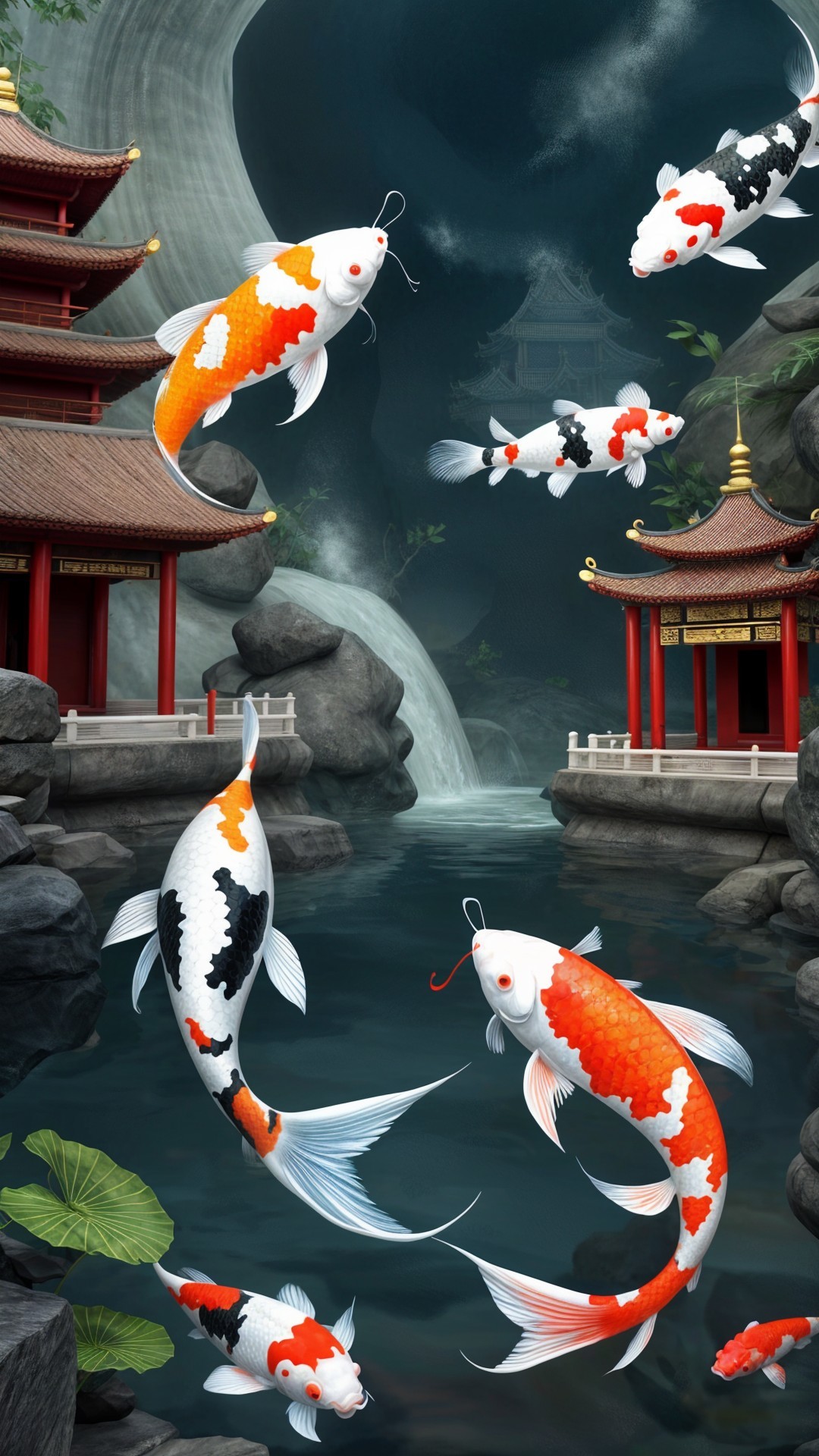 Colorful Koi Fish in a Tranquil Pond Landscape