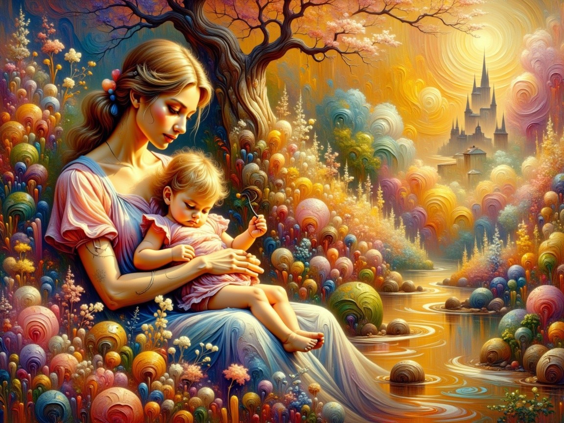 Mother and Child in a Whimsical Colorful Landscape