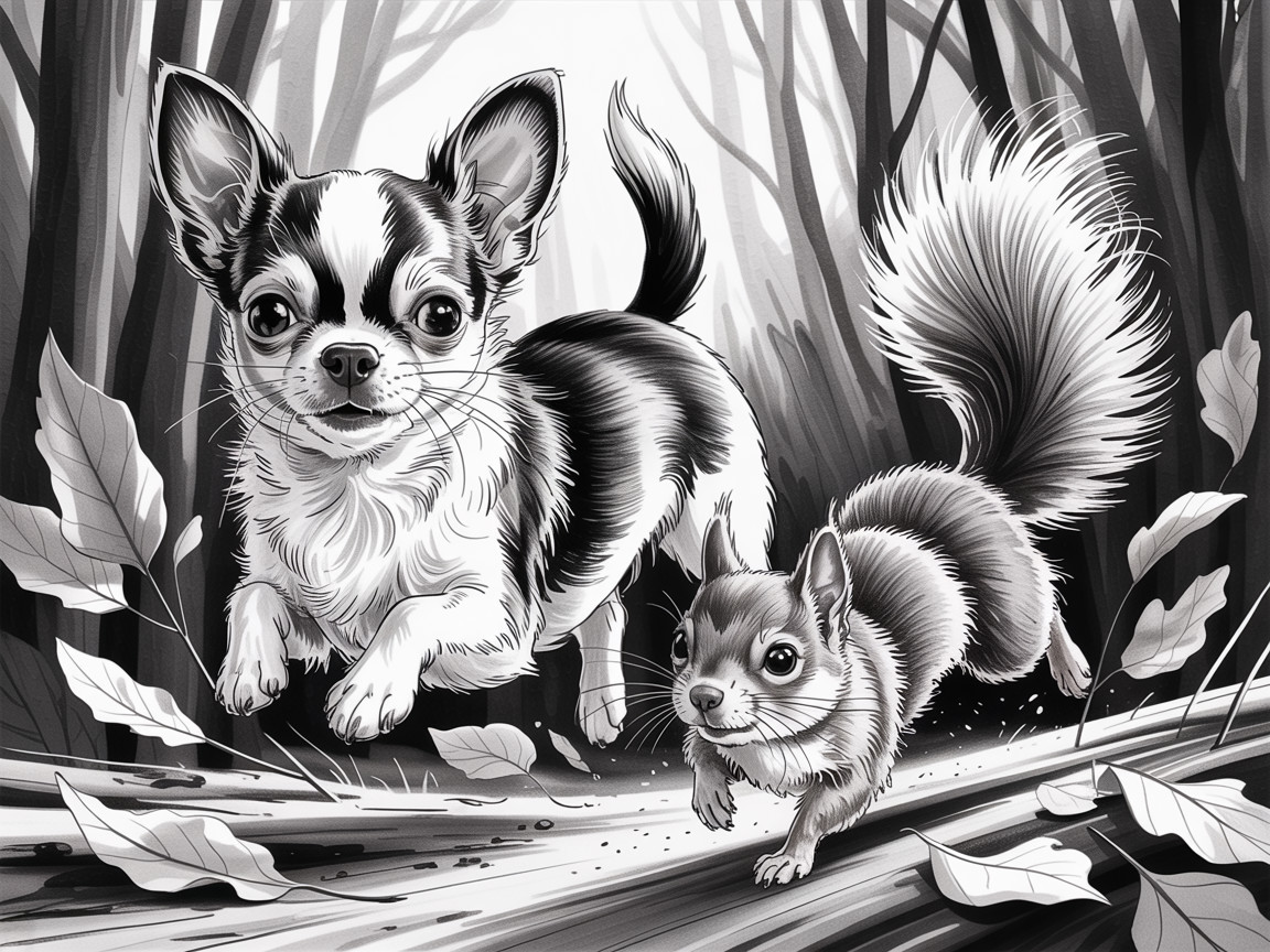 Chihuahua and Squirrel Play in Whimsical Forest Scene