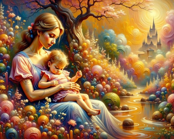 Mother and Child in a Whimsical Colorful Landscape