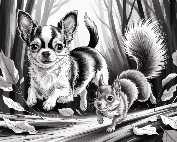 Chihuahua and Squirrel Play in Whimsical Forest Scene