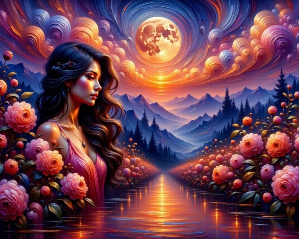 Serene Woman Surrounded by Vibrant Flowers and Sunset