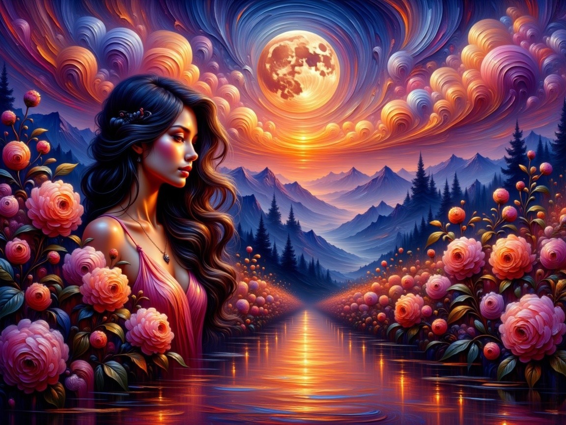 Serene Woman Surrounded by Vibrant Flowers and Sunset