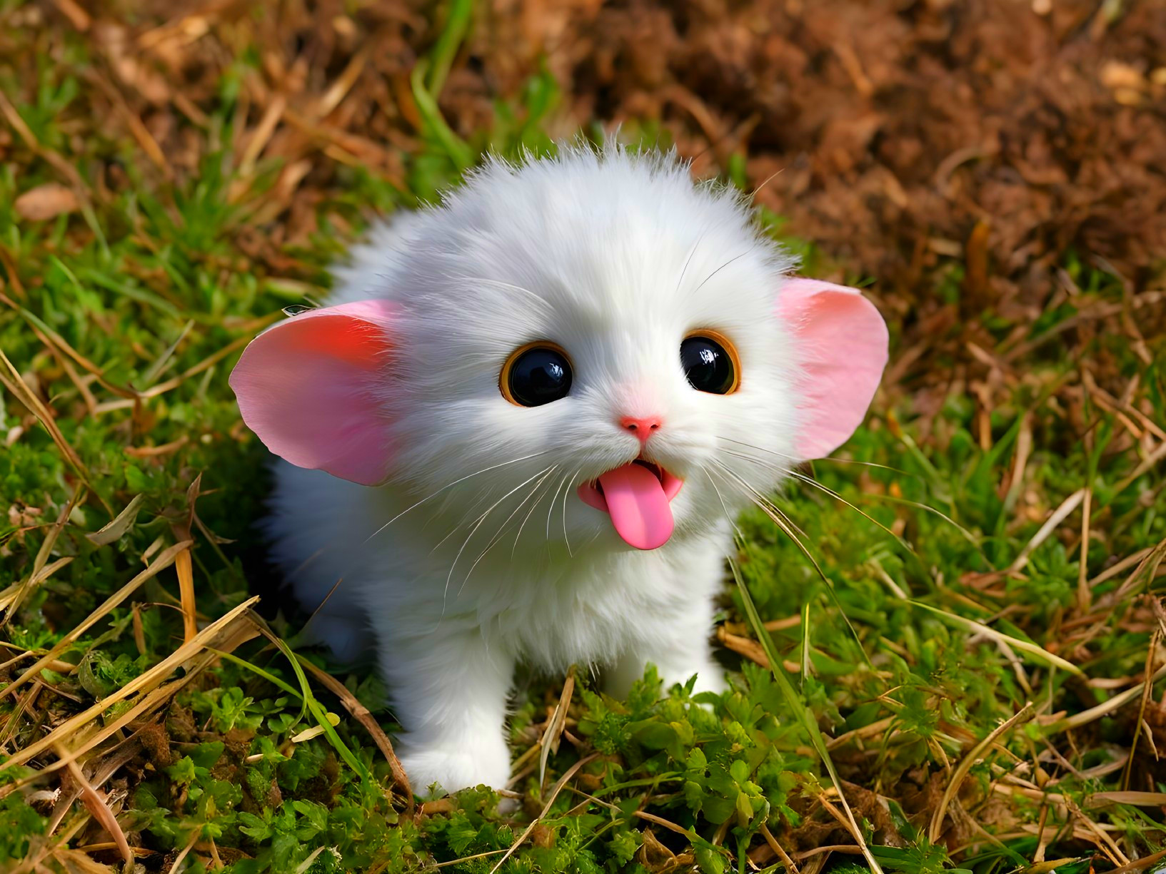 Fluffy White Creature with Pink Ears in Grass
