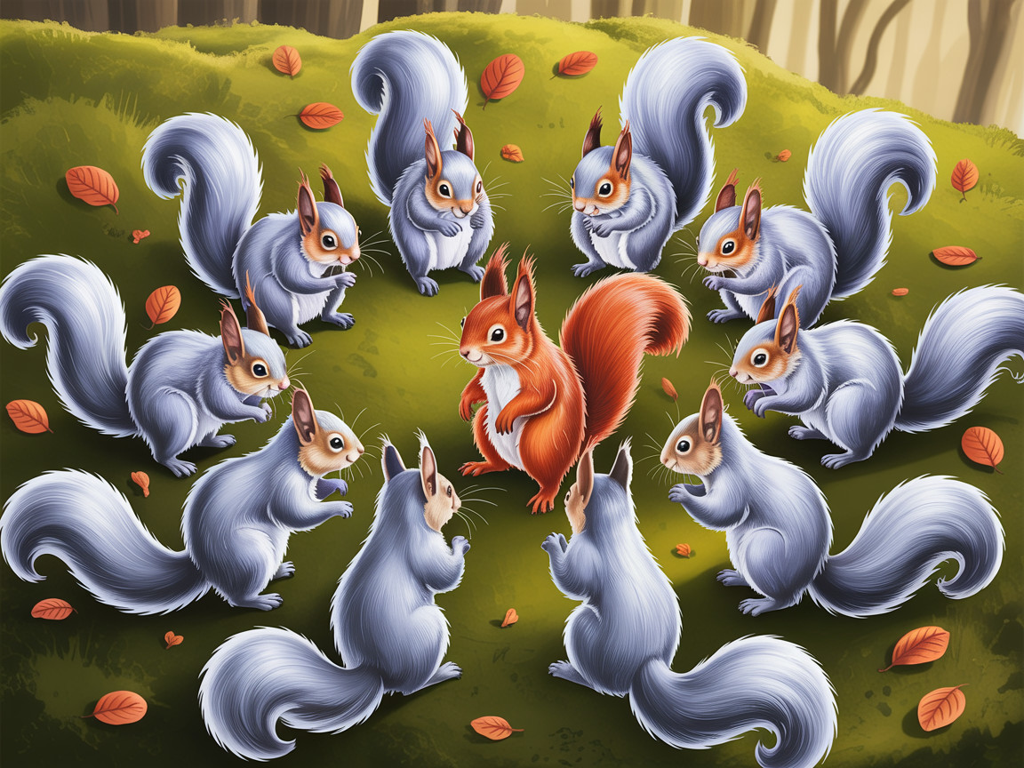 Gray and red squirrels in a forest clearing gathering