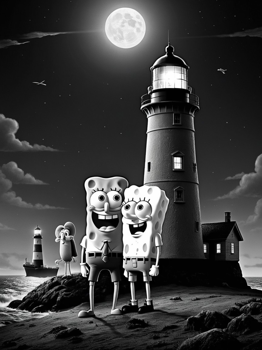 Whimsical Black-and-White Maritime Scene with Lighthouses