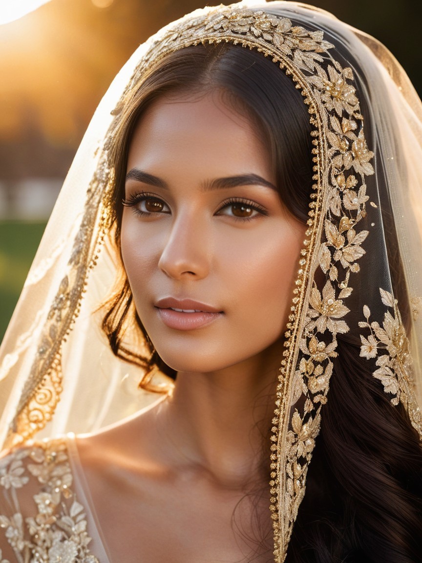 Close-up Portrait of Woman with Floral Veil and Glow