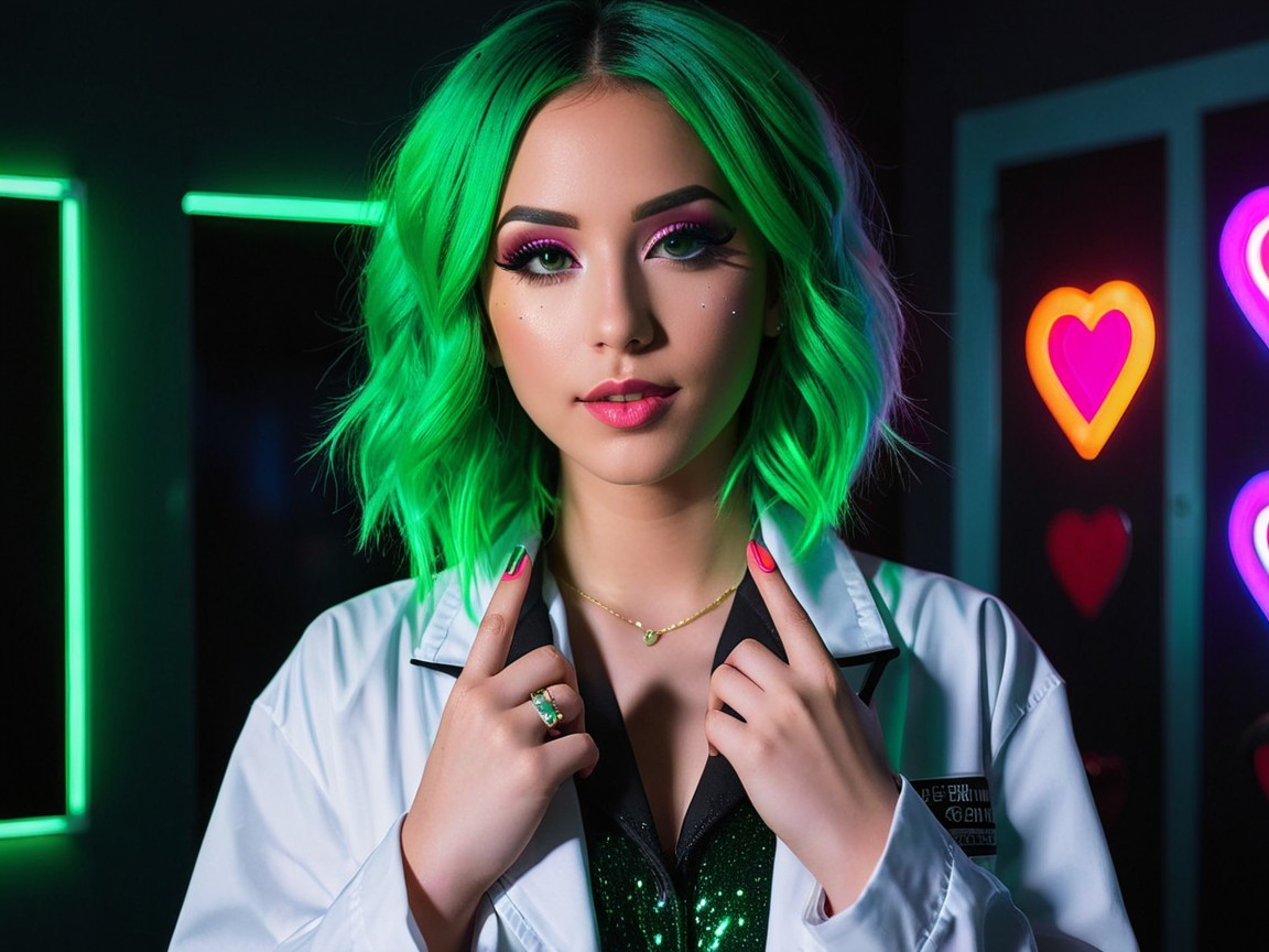 Young woman in lab coat with vibrant green hair