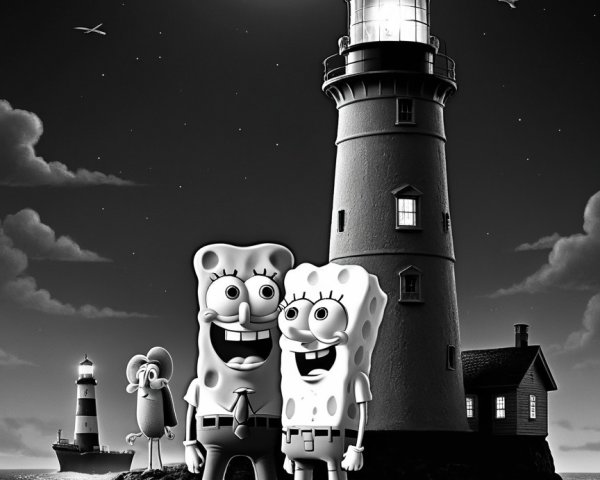 Whimsical Black-and-White Maritime Scene with Lighthouses
