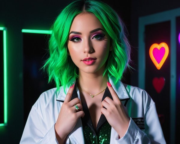 Young woman in lab coat with vibrant green hair