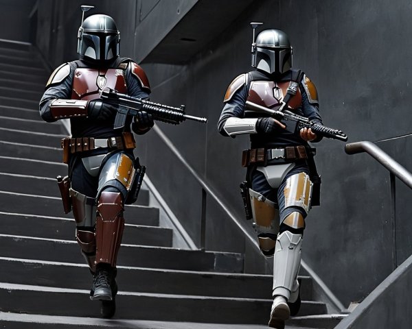 Armored Figures in Colorful Gear Descend Industrial Stairs