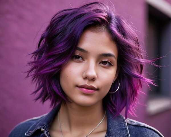 Young woman with purple bob hairstyle by pink wall