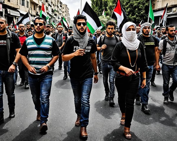 Protesters March with Palestinian Flags in Urban Setting