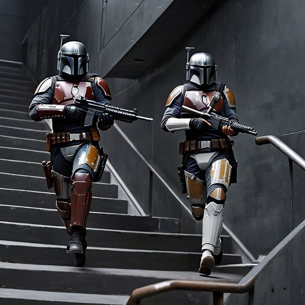 Armored Figures in Colorful Gear Descend Industrial Stairs