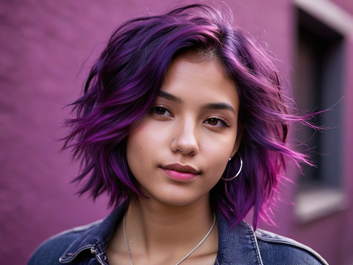 Young woman with purple bob hairstyle by pink wall