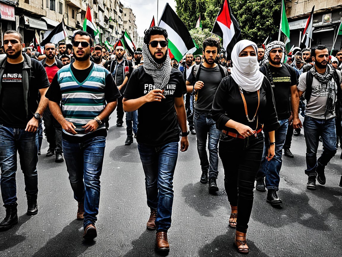 Protesters March with Palestinian Flags in Urban Setting