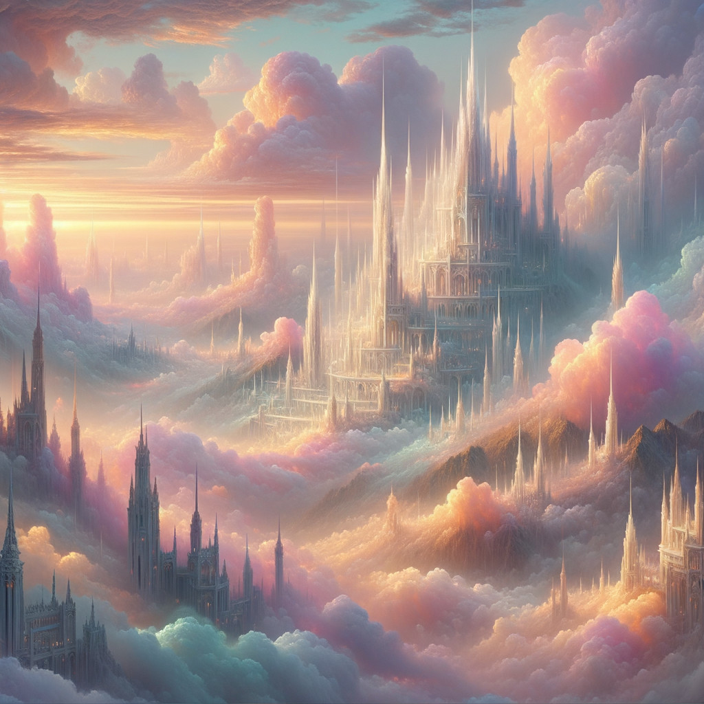 Fantasy Landscape with Castles and Pastel Clouds