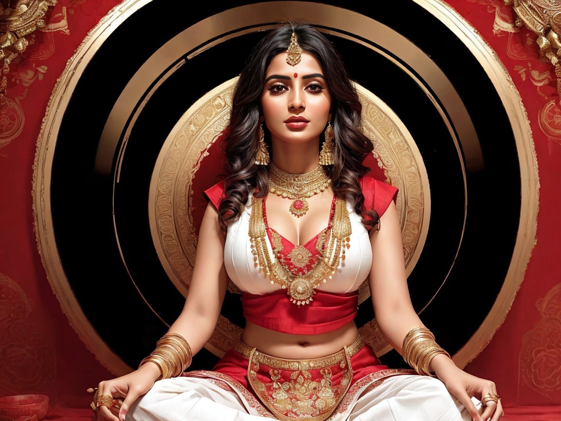 Adorned Woman in Traditional Outfit Against Red Backdrop
