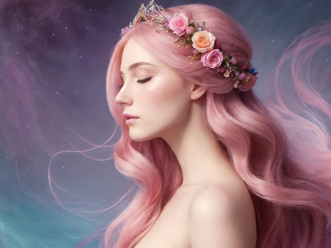 Serene figure with pastel pink hair and floral crown