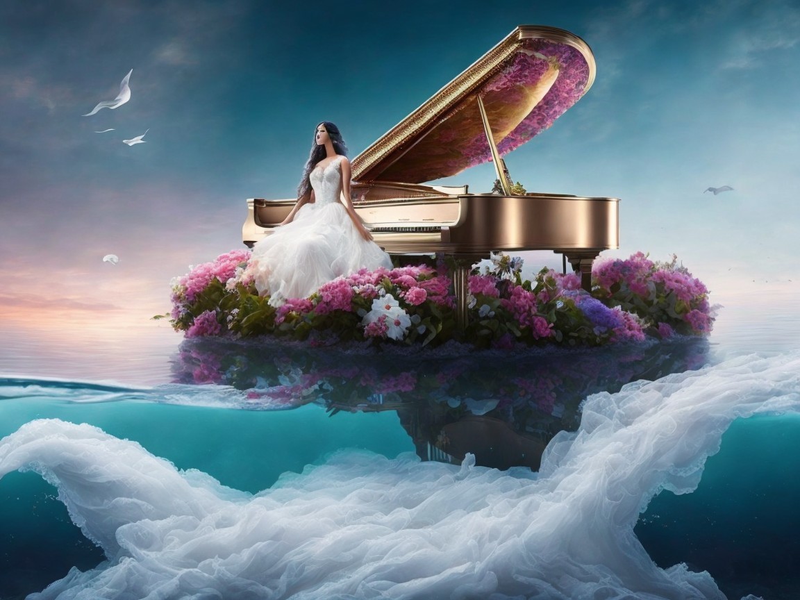Serene Grand Piano Surrounded by Flowers on Water