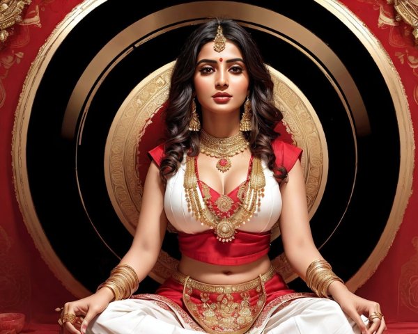 Adorned Woman in Traditional Outfit Against Red Backdrop