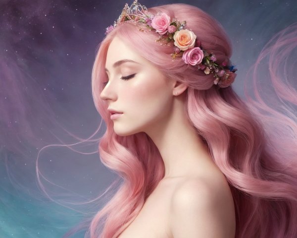 Serene figure with pastel pink hair and floral crown