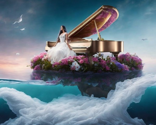 Serene Grand Piano Surrounded by Flowers on Water