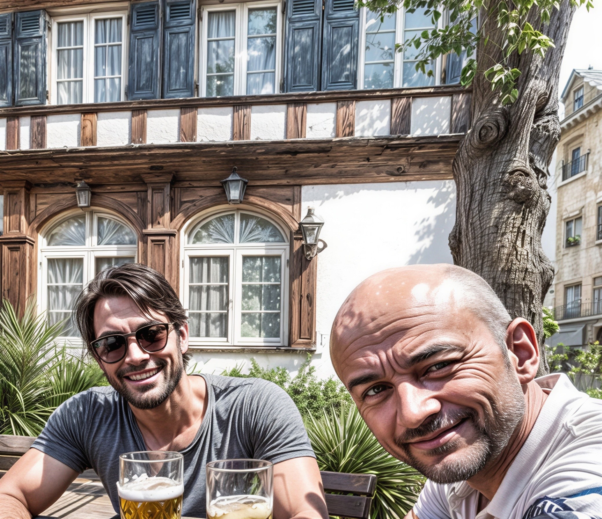 Outdoor Scene of Two Men Enjoying Drinks Together